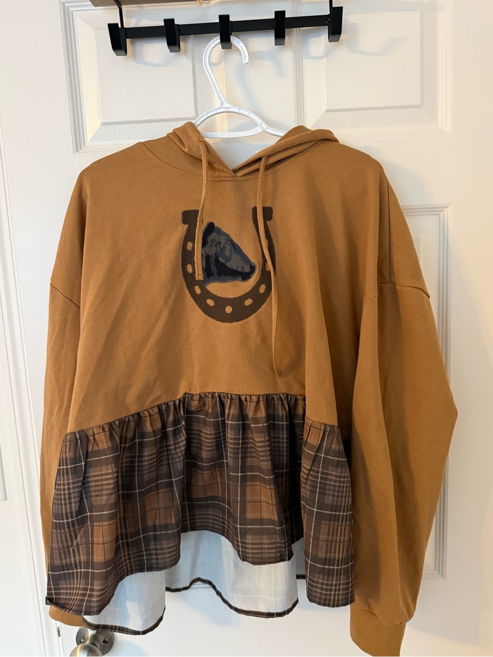 Brown Hooded Peplum Sweatshirt with Horseshoe Graphic